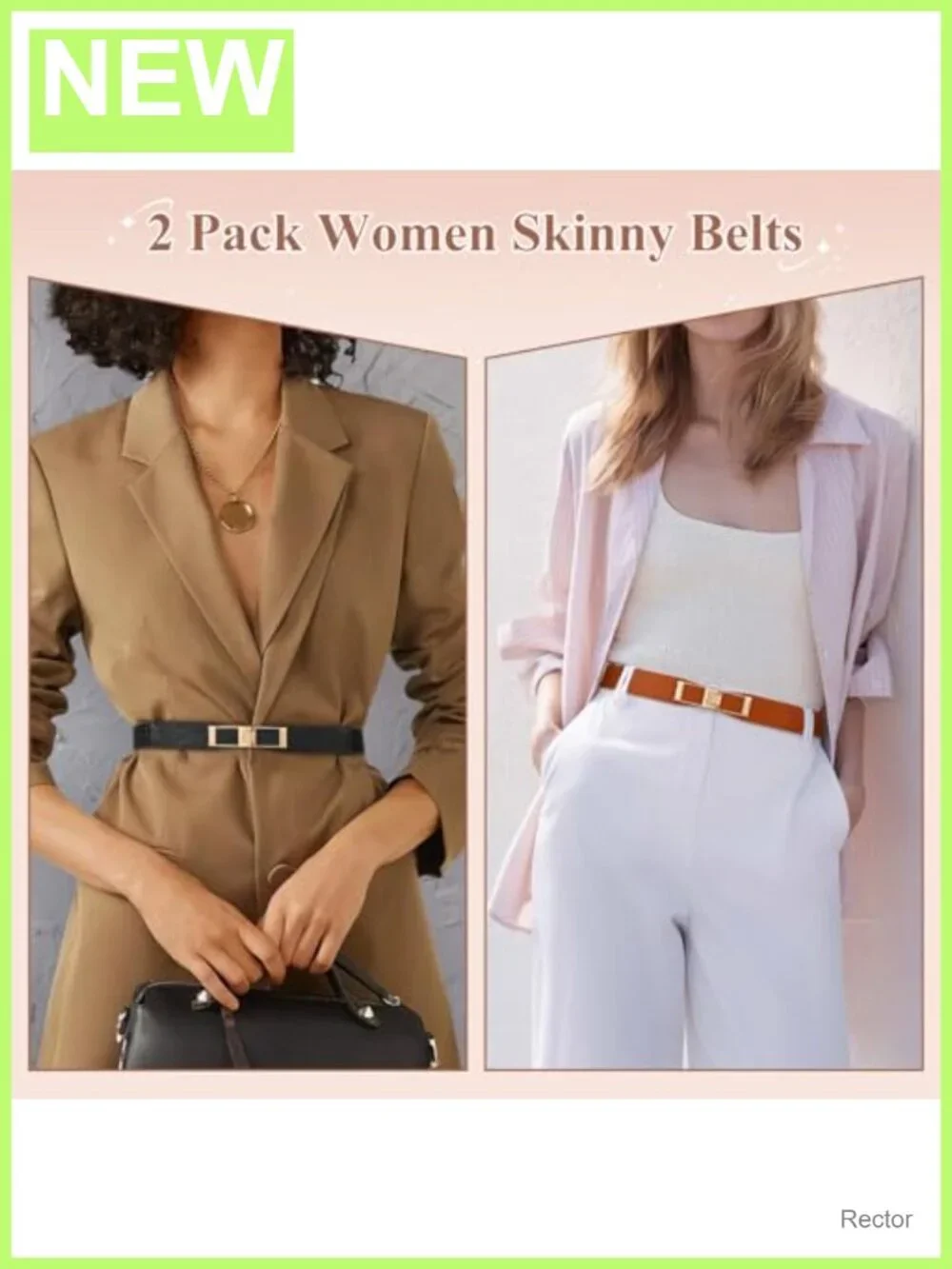 2 Pack Women Skinny Elastic Stretch Belt with Gold Buckle for Dresses Suits